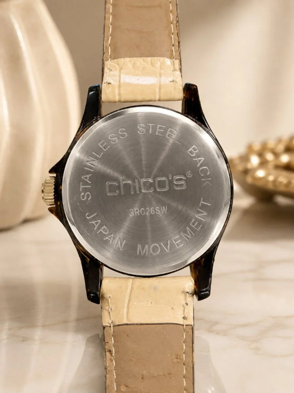 Chico’s Tortoiseshell Bezel Watch – Beige/Cream Band – Excellent Condition